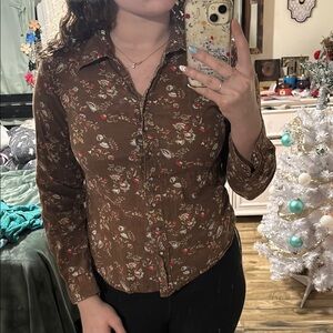 Floral Brown Button-Up Women's Top